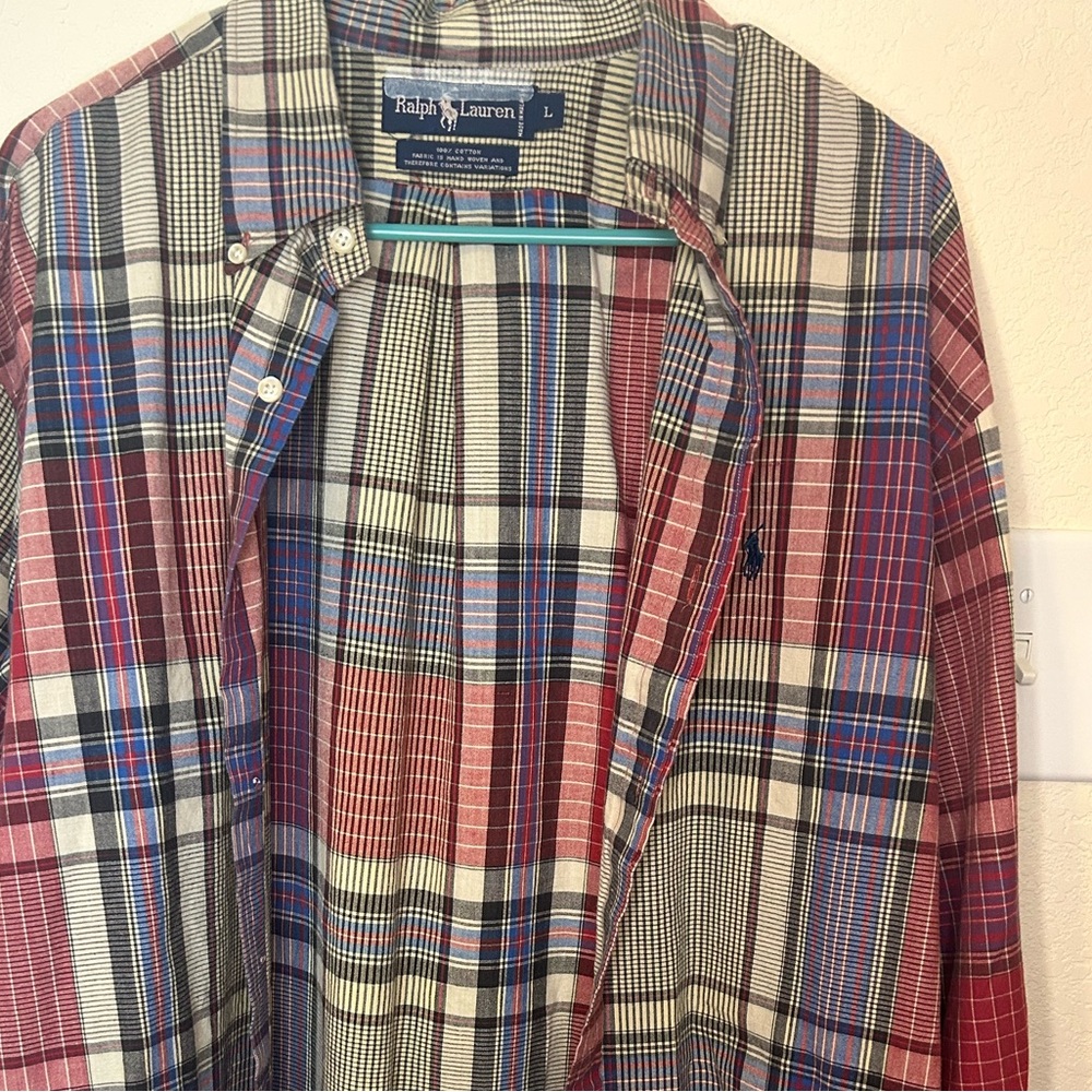 Ralph Lauren Plaid Button-Down Shirt — Red, Blue & Grey, Cream color